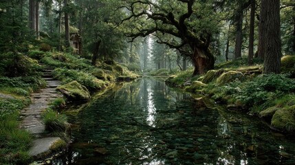 Obraz premium Tranquil forest stream with mossy banks