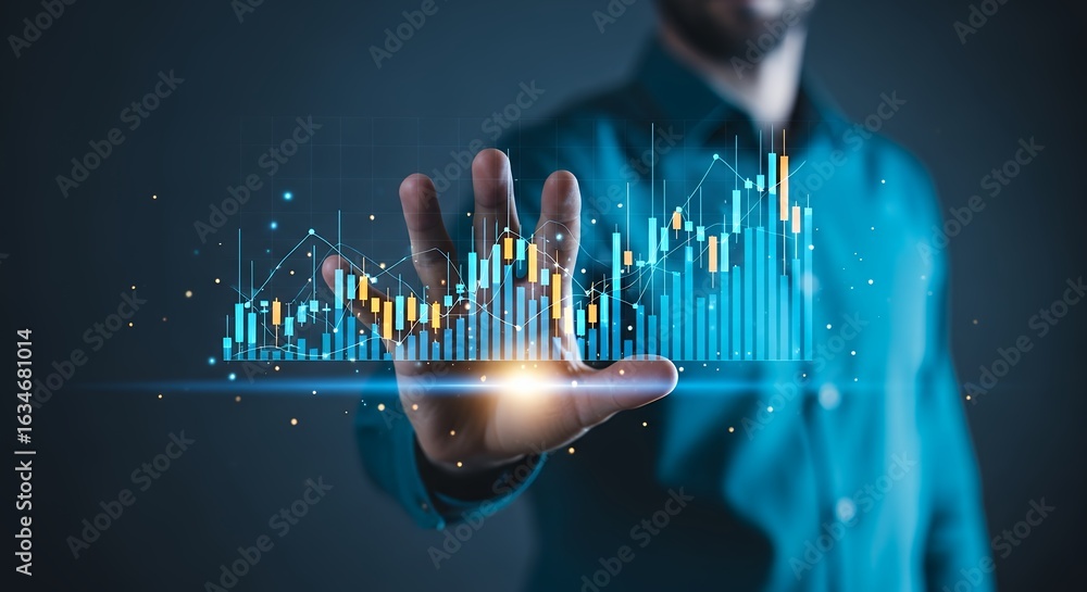 Poster data analysis visualization man holding digital chart for business growth and financial performance 