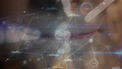 Woman calibrating holographic network around lips, fingertip tapping and intensifying tech display - Powered by Adobe