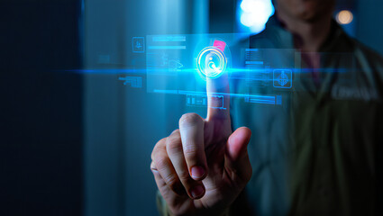 Fototapeta premium Man Interacting with Futuristic Touchscreen Interface for Data Analysis and Business Intelligence Applications in a Modern Technology Setting