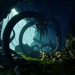 A monstrous serpent, coiled in a dark, damp cave, its glowing eyes menacingly watching