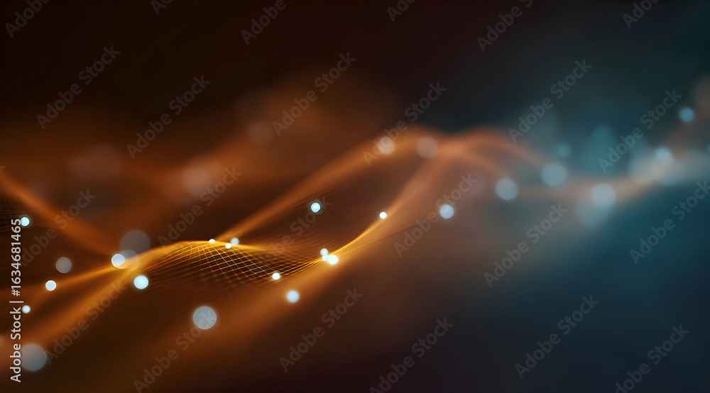 Poster ethereal flow of a luminous orange grid with glowing blue data points.