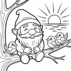 Obraz premium Joyful gnome sits with birds by the water at sunrise line art illustration stock photos royalty free image premium quality