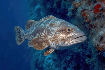 Dusky grouper swimming near rocky coral reef in the Mediterranean Sea during bright daylight hours showcasing its intricate patterns and vibrant colors