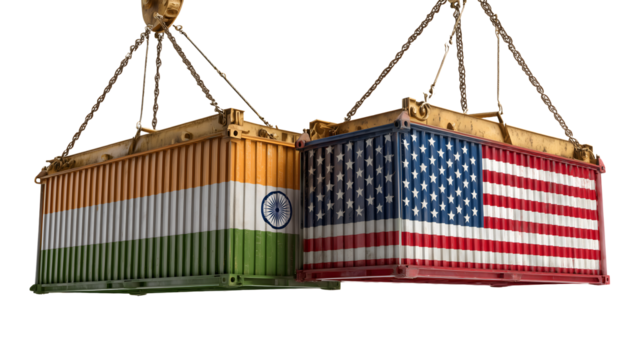 Two shipping containers painted with Indian and American flags being lifted by cranes, symbolizing trade relations, import-export agreements, and economic cooperation between India and the United Stat