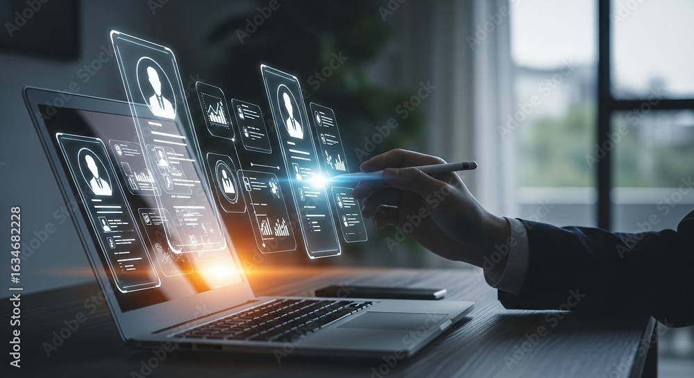 Poster digital interface on laptop screen with stylus interaction business technology data analysis user ex