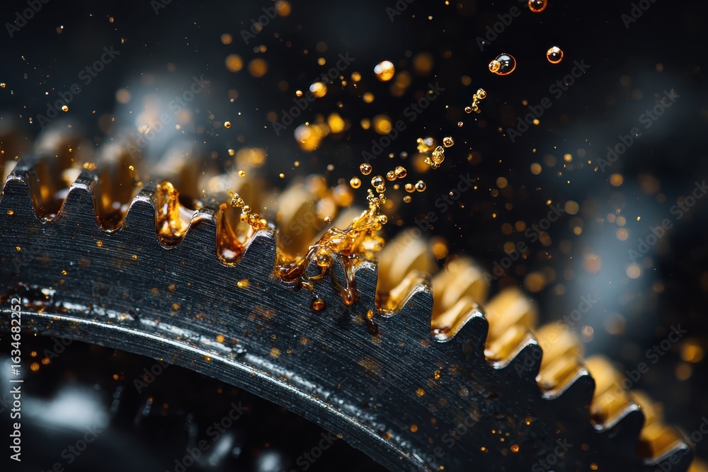 Aufkleber close up of a metallic gear splashing oil against a dark backdrop capturing intricate details and vi