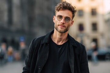 Fototapeta premium Man in black shirt with stylish glasses poses confidently on a city street during a sunny day, showcasing a modern urban vibe and fashionable look