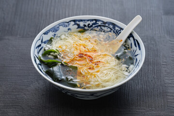 Japanese clear soup ramen noodles with wakame seeweed