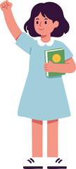 Fototapeta premium Young girl student holding book raising fist in confident pose vector illustration 