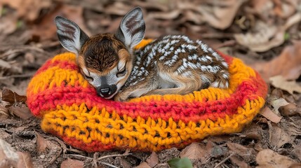 Obraz premium Tiny fawn nestled in a knitted nest.