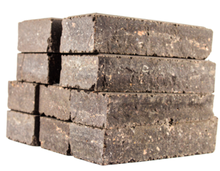 A single rough-cut stone brick, displaying a rustic and uneven surface, commonly used in masonry and landscaping, isolated on a white background.