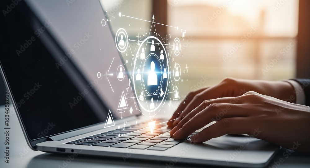 Aufkleber digital networking concept person typing on laptop with social media interface overlay business tech