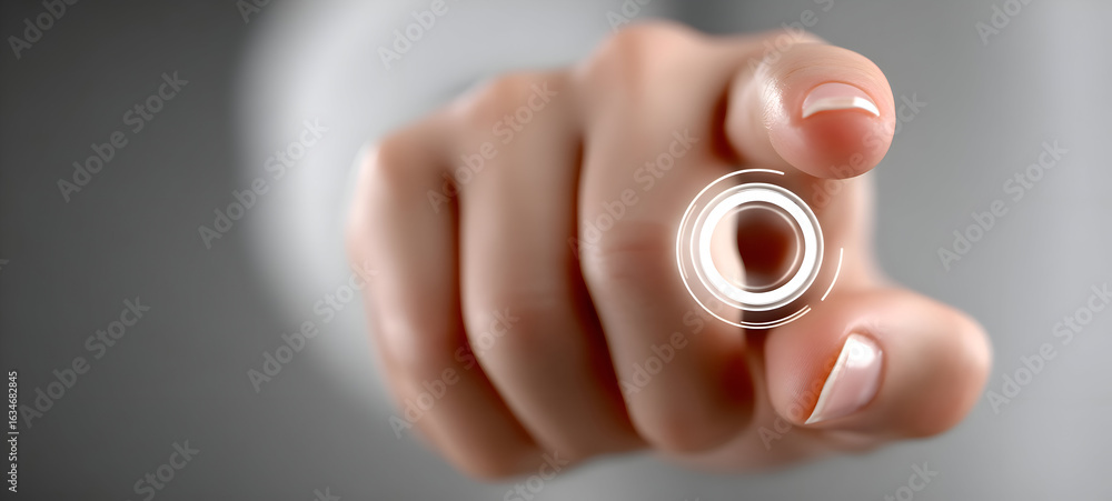 Poster a womans finger points forward activating a glowing digital interface.
