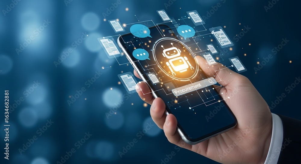 Poster digital procurement app on smartphone business technology solution for efficient purchasing and supp