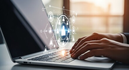 Digital Networking Concept Person Typing on Laptop with Social Media Interface Overlay  Business Technology and Communication Stock Photo