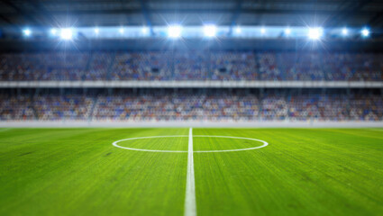 Obraz premium Soccer stadium with blurred crowd and focus on field.