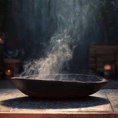 Enigmatic bowl filled with steaming contents evokes a sense of mystery and warmth