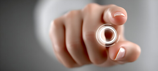 A Womans Finger Points Forward Activating a Glowing Digital Interface.