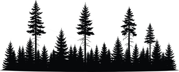 PrintSilhouette of dense pine forest, tall trees, nature landscape, black and white, serene wilderness, outdoor scenery, tranquil environment, evergreen woods, vector illustration, design