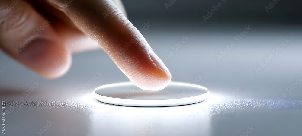 Aufkleber futuristic interface: macro view of a finger poised over a glowing circular button.