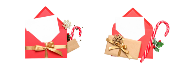 Set Of Blank Letter to Santa with Red Envelope and Candy Cane, Top-Down View, Isolated