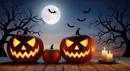 Spooky jack o lanterns glow under a full moon on halloween night