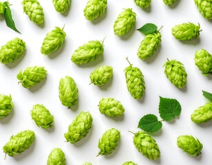 Fresh green hop cones arranged on a white background