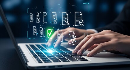 Document Management on Laptop Digital Workflow File Processing Data Organization Business Automation Secure Storage Online System