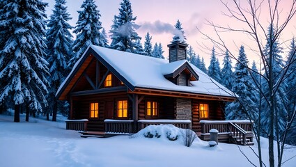  A Charming Log Cabin with Smoking Chimney in the Snow