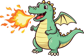 Fototapeta premium Cute green cartoon dragon breathing fire playful fantasy character illustration vector 
