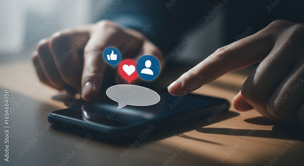 Poster engaging with social media content on smartphone likes comments and profile icons representing onlin
