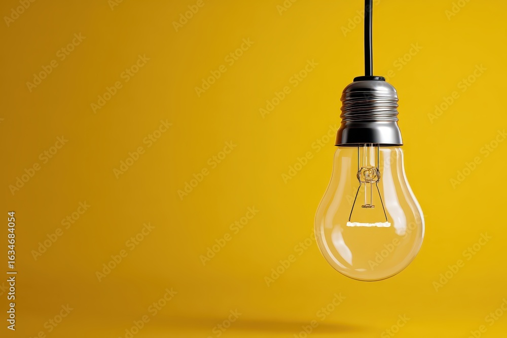 Poster single light bulb hanging against a vibrant yellow background creating a warm and inviting atmospher