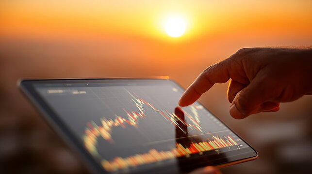 A person's hand interacts with a tablet displaying a stock market graph,