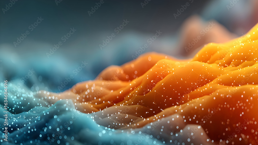 Poster vibrant digital terrain contrasting warm and cool data with plexus network.