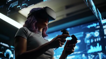 Futuristic female programmer in a VR headset interacting with data visualization in a high-tech control room - Powered by Adobe