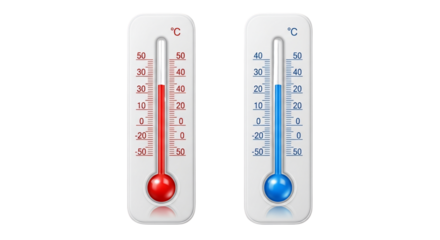 Pair of classic Celsius thermometers with red and blue indicators for hot and cold temperatures.