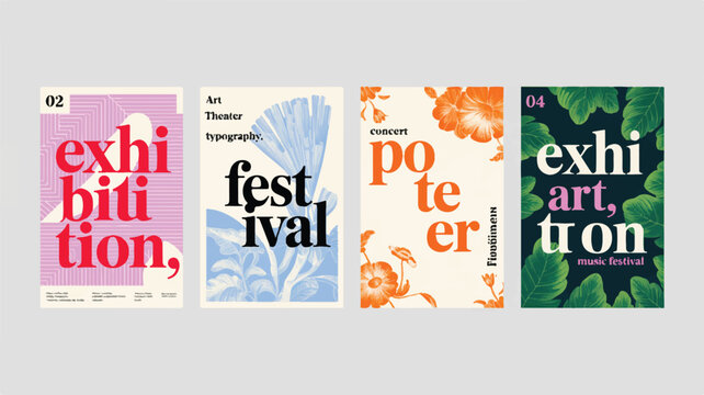 Four graphic design posters with abstract patterns and floral illustrations exhibition festival 1