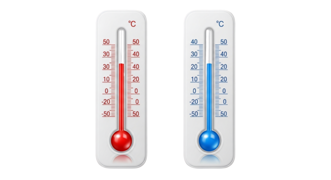 Pair of classic Celsius thermometers with red and blue indicators for hot and cold temperatures.