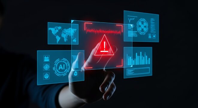 Futuristic Data Analysis Interface with Alert  AI Technology Visualization for Business Insights and Cybersecurity Monitoring