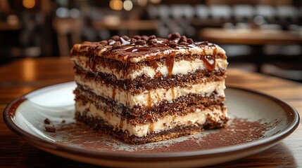 Close-up of a layered tiramisu dessert slice.