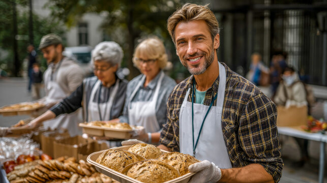Smiling man holding freshly baked bread at community food market, surrounded by volunteers, showcasing teamwork and generosity in a vibrant outdoor setting