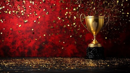 Gold trophy on a red background with golden confetti.