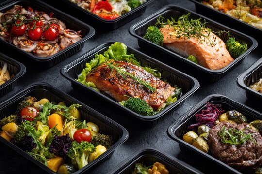 Freshly prepared meals in black containers featuring a variety of healthy dishes including salmon, grilled vegetables, and pasta ready for meal prep and delivery