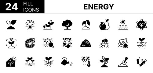Collection of 24 Energy fill icons featuring editable strokes. These outline icons depict various modes of Energy, efficiency, electricity, sustainable, set, electric, power, renewable, save,	
