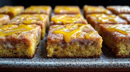 Golden squares of cake, drizzled with a sweet glaze.