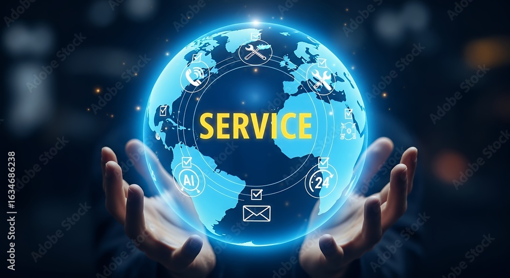 Poster global service network concept hands holding a glowing earth with icons representing support and con