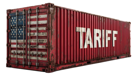 Large red shipping container with distressed American flag design and bold white text reading "TARIFF," symbolizing trade restrictions, import-export policies, and economic disputes, isolated on white