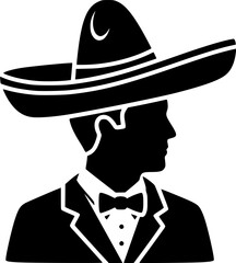 Man wearing a sombrero and suit with bow tie, in black and white vector illustration style