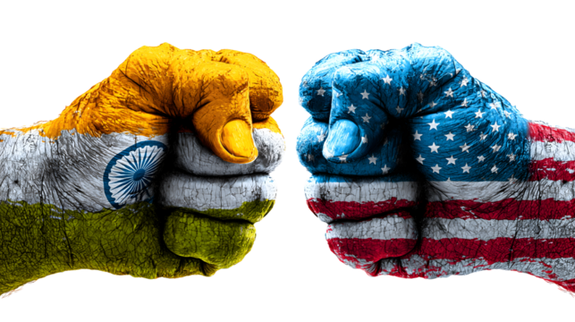 Close-up of two fists painted with Indian and American flags facing each other, symbolizing competition, diplomacy, and international relations between India and the United States, isolated on white b